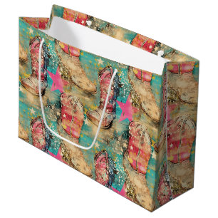 Cowgirl Boots Stars Stripes Retro Pattern Large Gift Bag