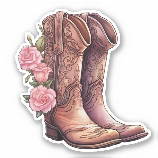 Cowgirl Boots with Pink Roses Stickers (Front)