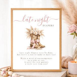 Cowgirl Bow Western Baby Shower Late Night Diapers Poster