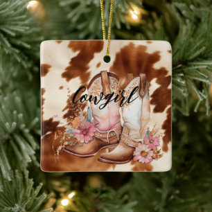 Cowgirl Brown Cowhide western Cowboy Boots Ceramic Ornament