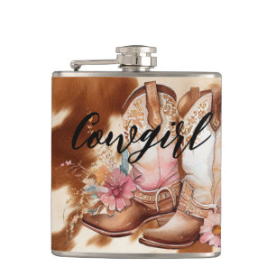 Cowgirl Brown Cowhide western Cowboy Boots Hip Flask