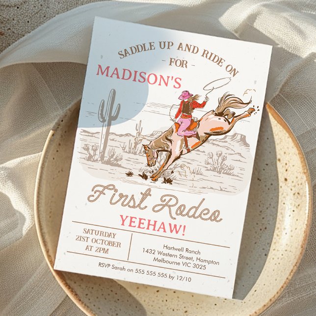 Cowgirl Brown First Rodeo 1st Birthday Invitation (Girls First Rodeo Birthday Invitation, First Rodeo 1st Birthday Invite Cowgirl Horse Wild West)