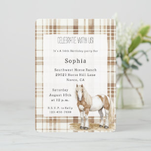 Cowgirl Brown Plaid Stripes Horse Birthday   Invitation