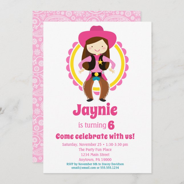 Cowgirl - Brunette Cute Cowgirl Birthday Party Invitation (Front/Back)