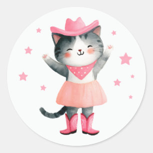 Cowgirl Cat Pastel Pink Cute Watercolor Western Classic Round Sticker