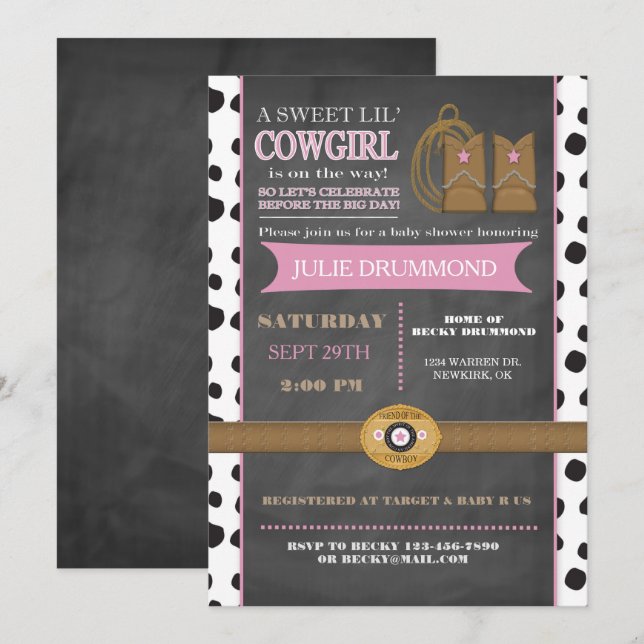Cowgirl Chalkboard Baby Invitation in Pink