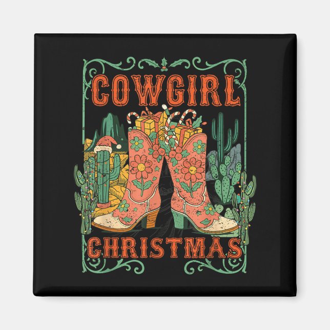Cowgirl Christmas Boots Cactus Retro Western Holid Magnet (Front)
