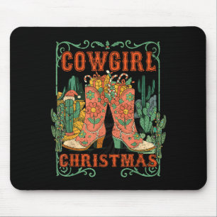 Cowgirl Christmas Boots Cactus Retro Western Holid Mouse Pad