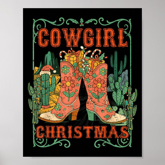 Cowgirl Christmas Boots Cactus Retro Western Holid Poster (Front)