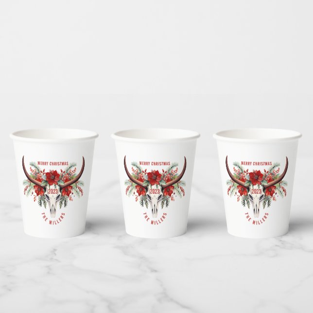 Cowgirl Christmas Floral Bull Sugar Skull Paper Cups (Multi)