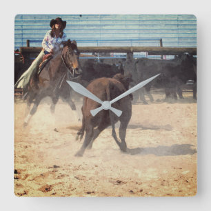 Cowgirl Corral Separating Cattle Western  Square Wall Clock