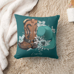 Cowgirl cowboy boots hat turquoise brown name cushion