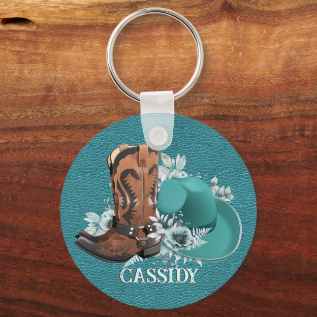 Cowgirl cowboy boots hat turquoise brown name key ring (Front)