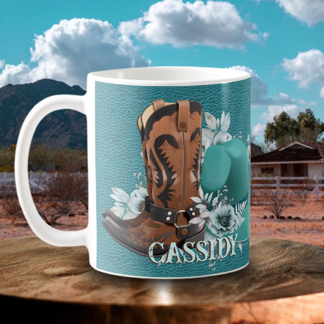 Cowgirl cowboy boots hat turquoise leather name coffee mug (Cowgirl cowboy boots hat turquoise leather name coffee mug)