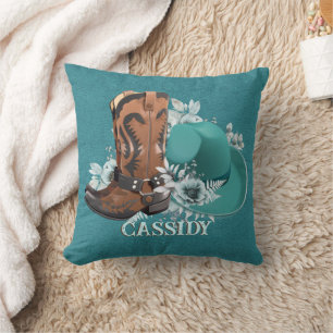 Cowgirl cowboy boots hat turquoise leather name cushion