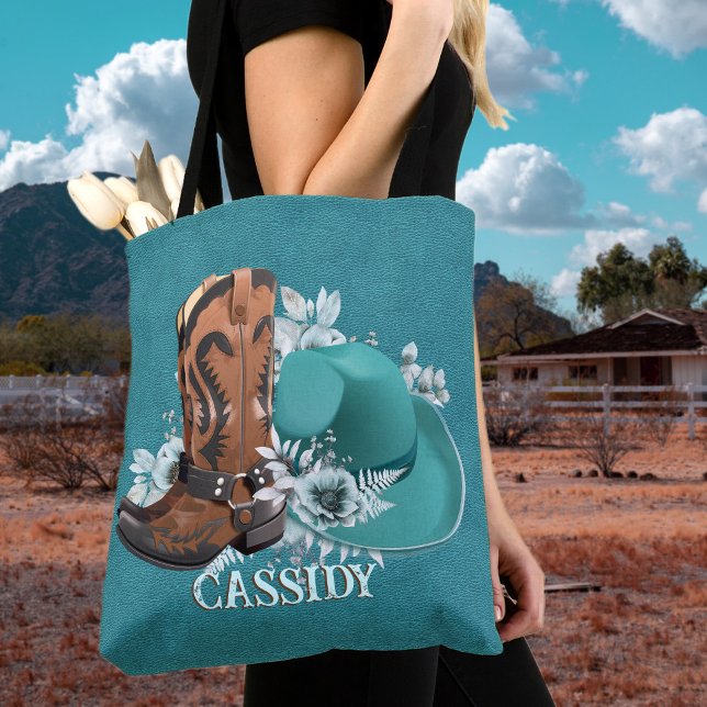 Cowgirl cowboy boots hat turquoise leather name tote bag (Cowgirl cowboy boots hat turquoise leather name tote bag)