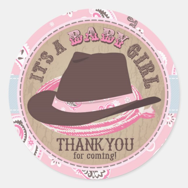 Cowgirl Cowboy Hat Western Baby Shower Classic Round Sticker (Front)