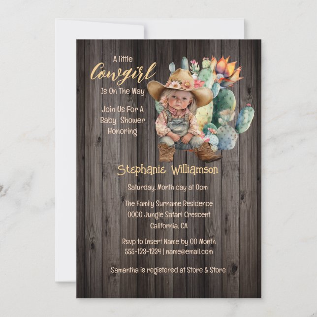 Cowgirl desert cactus wood flower baby shower invitation (Front)