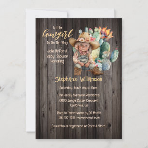 Cowgirl desert cactus wood flower baby shower invitation