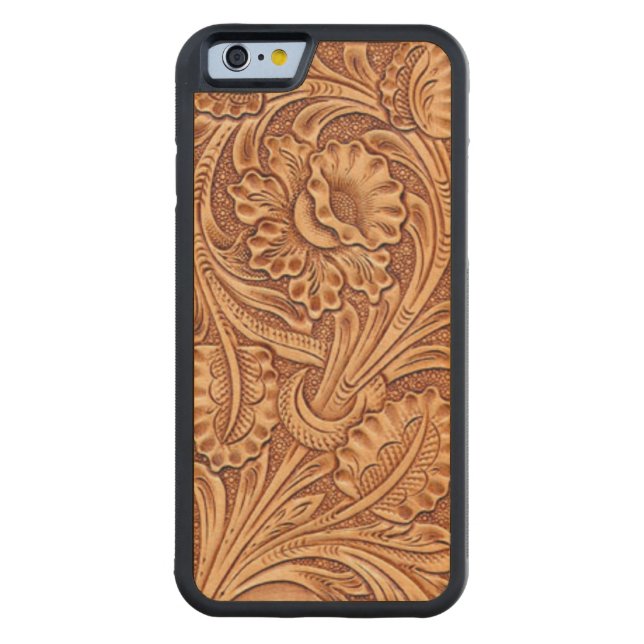 cowgirl fashion southwestern floral leather carved wood iPhone case (Back)