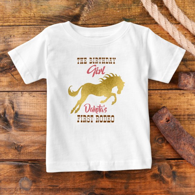 Cowgirl first rodeo pink and gold birthday baby T-Shirt (Creator Uploaded)