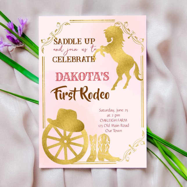 Cowgirl first rodeo pink and gold birthday invite (Creator Uploaded)