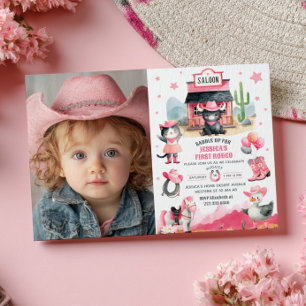 Cowgirl First Rodeo Pink Western Photo Birthday Invitation