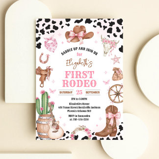 Cowgirl First Rodeo Wild West 1st Birthday Invitation