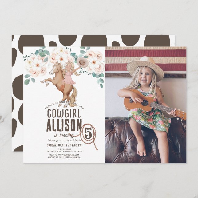 Cowgirl Floral Rodeo Pony Ride Photo Birthday Invitation (Front/Back)