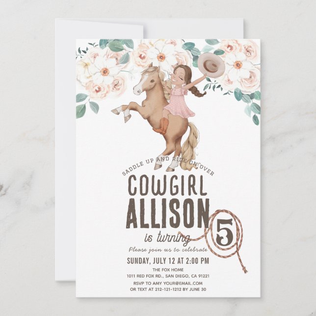 Cowgirl Floral Rodeo Western Pony Ride Birthday Invitation (Front)