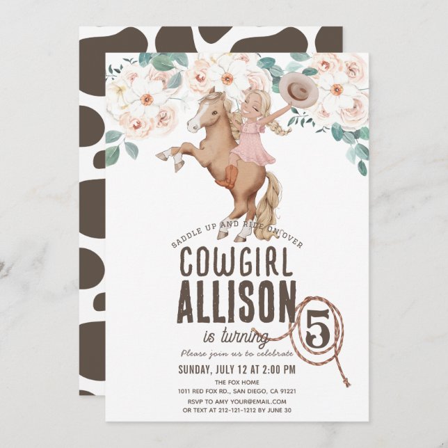 Cowgirl Floral Rodeo Western Pony Ride Birthday Invitation (Front/Back)