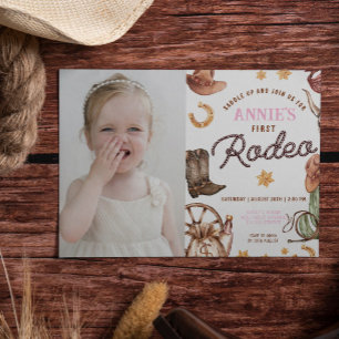Cowgirl Girl's First Rodeo Photo Birthday Photo Invitation
