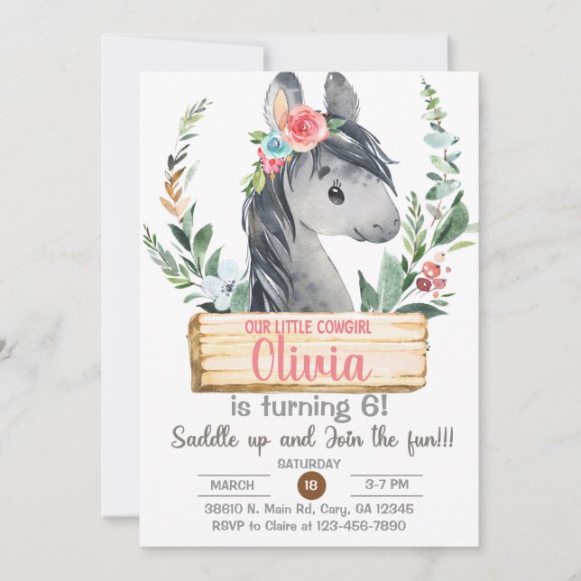 Cowgirl, grey horse, riding, girl birthday, invite (Front)