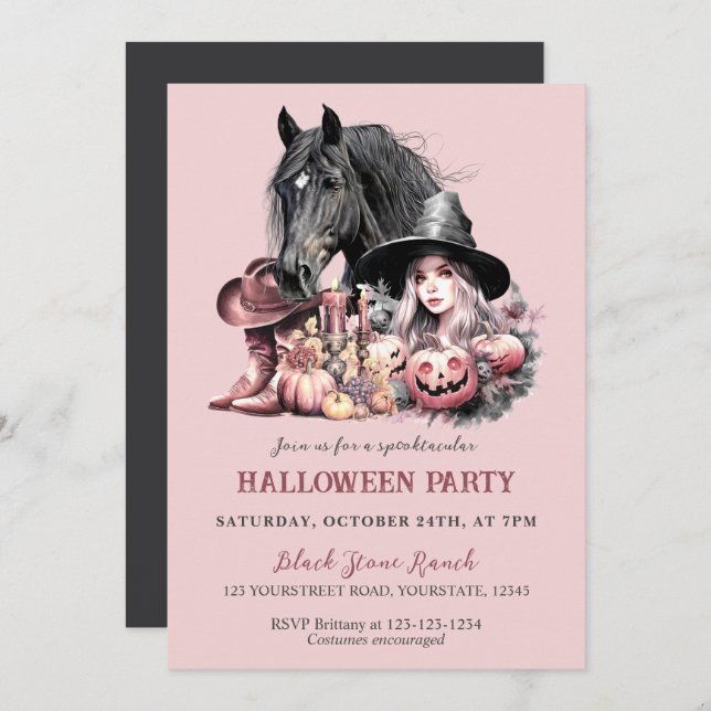 Cowgirl Halloween horse pink black girly Invitation (Front/Back)