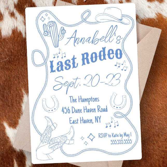 Cowgirl Hand Drawn Bachelorette Party Weekend  Invitation ("Last rodeo" cowgirl bachelorette party invitation hand drawn cute cowboy boots weekend itinerary )