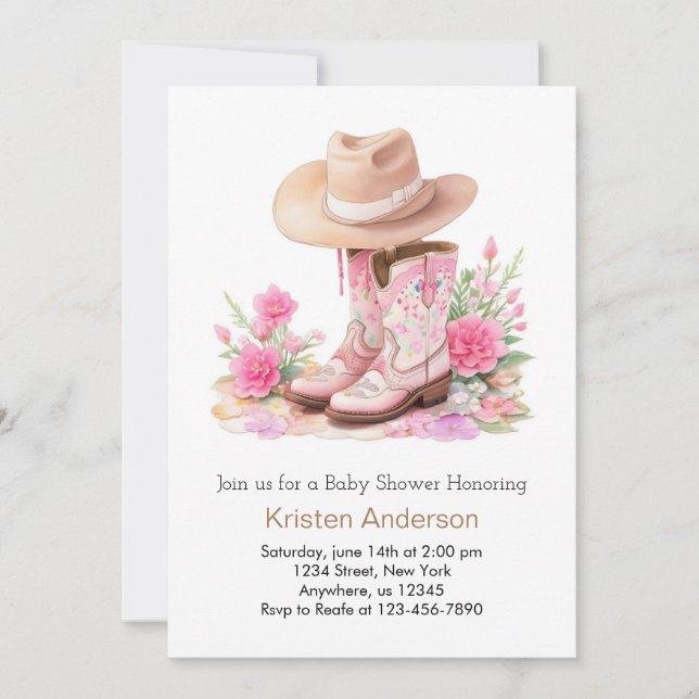 Cowgirl Hat and Boots Watercolor Baby Shower Invitation (Front)