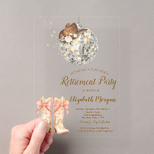 Cowgirl Hat Boots Disco Ball Lace Retirement Acrylic Invitations