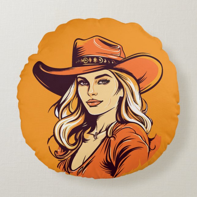 Cowgirl Hat Woman Illustration Round Cushion (Front)