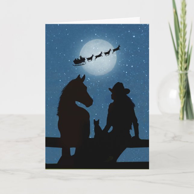 Cowgirl Horse Cat and Santa Cute Holiday Card (Front)