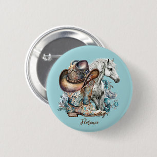 Cowgirl horse cowboy boots hat floral western  6 cm round badge
