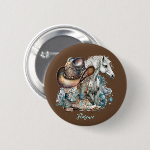 Cowgirl horse cowboy boots hat floral western 6 cm round badge