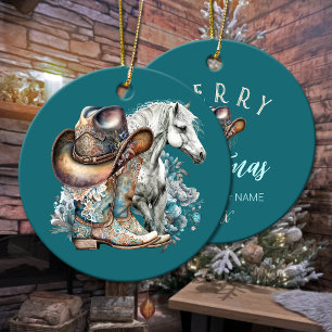 Cowgirl horse cowboy boots hat floral western  ceramic ornament