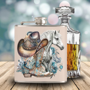 Cowgirl horse cowboy boots hat floral western hip flask