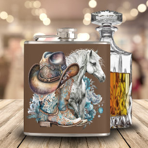 Cowgirl horse cowboy boots hat floral western hip flask