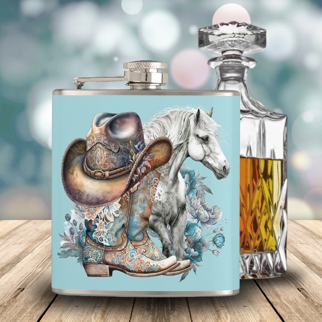 Cowgirl horse cowboy boots hat floral western  hip flask (Western cowgirl floral cowboy boots, hat, turquoise and brown personalized flask.)