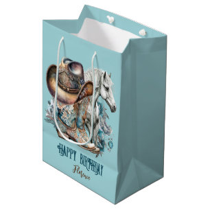 Cowgirl horse cowboy boots hat floral western  medium gift bag