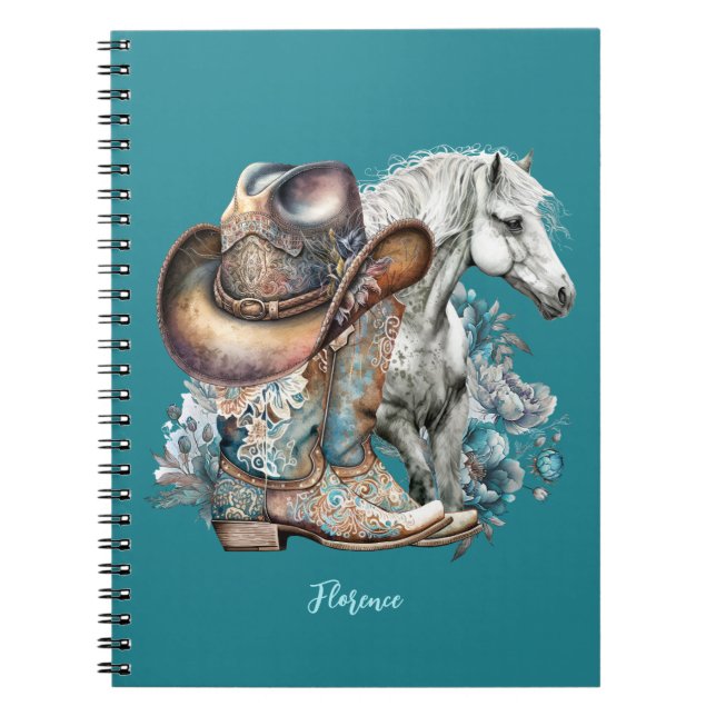 Cowgirl horse cowboy boots hat floral western  notebook (Front)