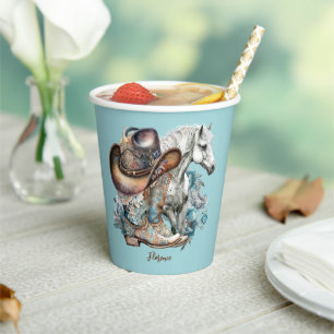 Cowgirl horse cowboy boots hat floral western  paper cups