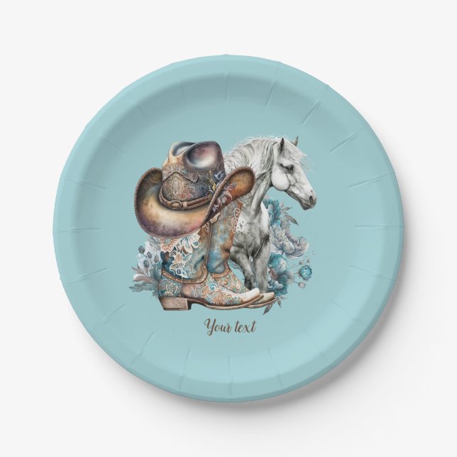 Cowgirl horse cowboy boots hat floral western  paper plate (Front)
