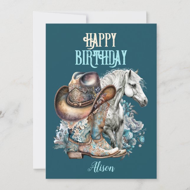Cowgirl horse floral western blue Birthday (Front)